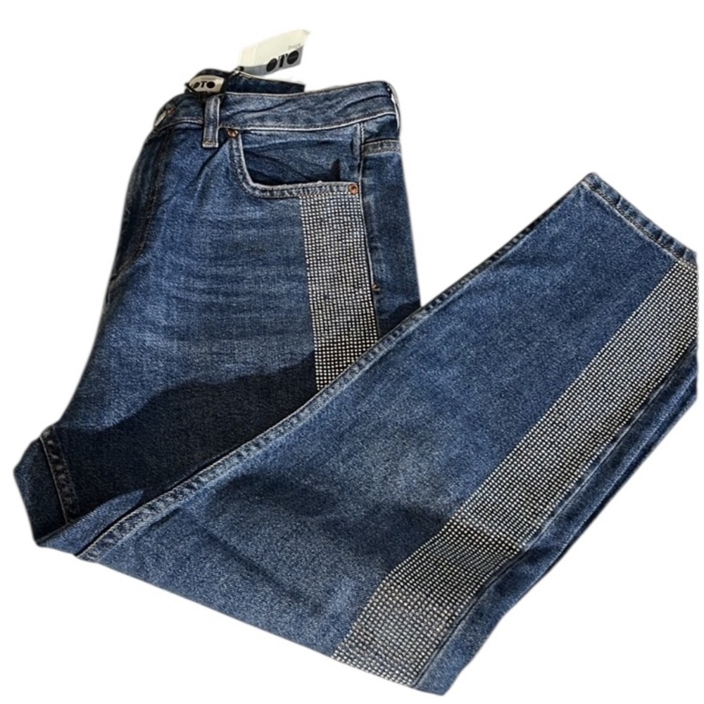 Topshop Moto size 30 blue high rise jeans silver studded tux stripe bling
